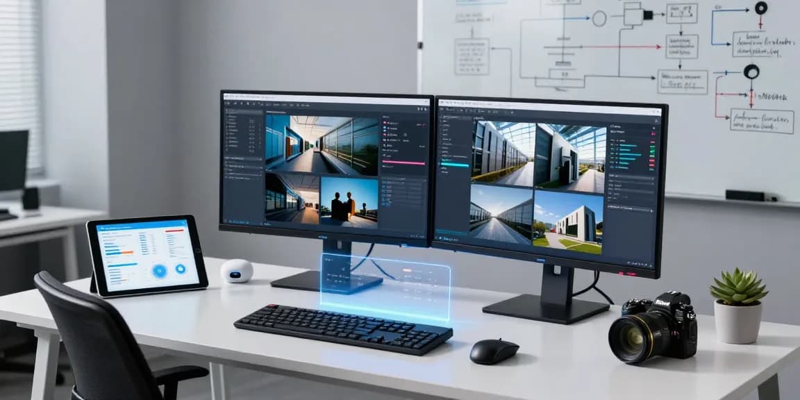 AI image detector in action at a modern tech workspace, showcasing data analysis and image scanning.