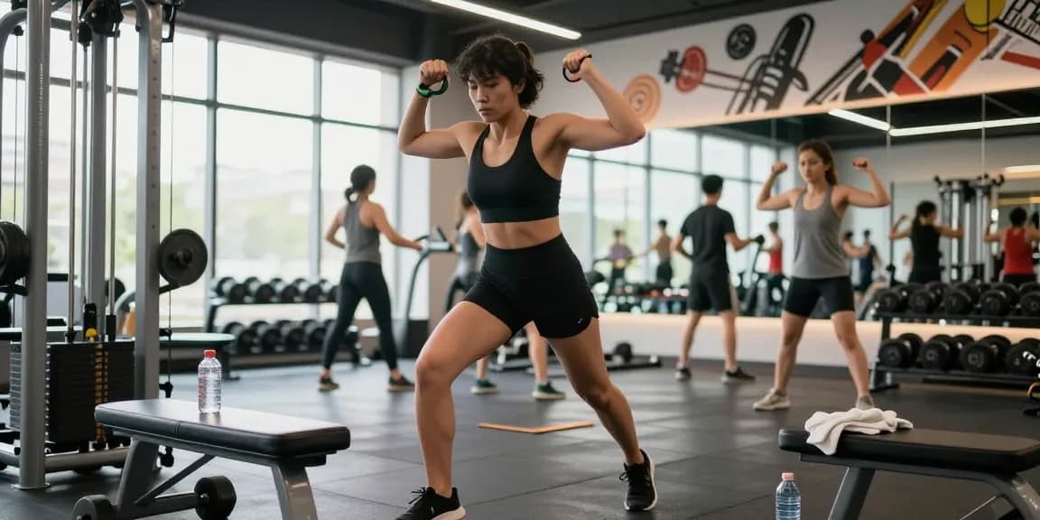 Active person working out in a modern gym, showcasing products from Deus Medical Shop promoting fitness and strength.
