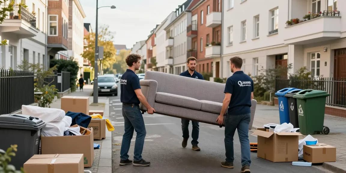 Efficient Wohnungsentrümpelung Berlin scene with a team clearing a cluttered apartment.