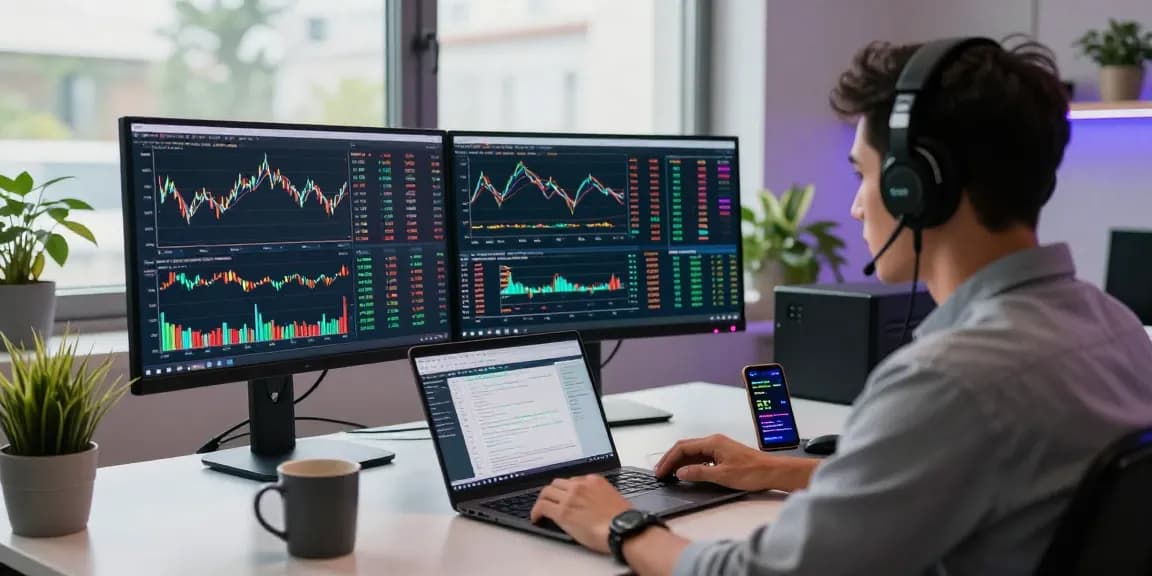 Engaged trader analyzing OKX reviews on dual monitors in a modern workspace.