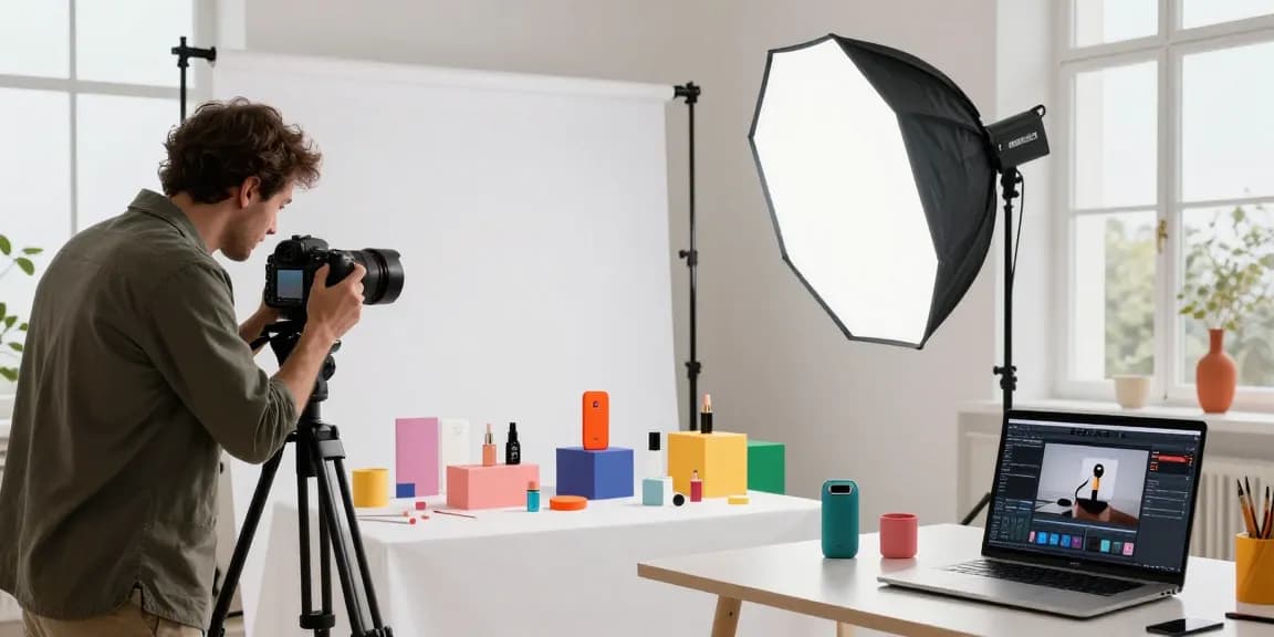 Service de photographie produits Milan mettant en valeur des articles variés avec un photographe professionnel dans un studio moderne