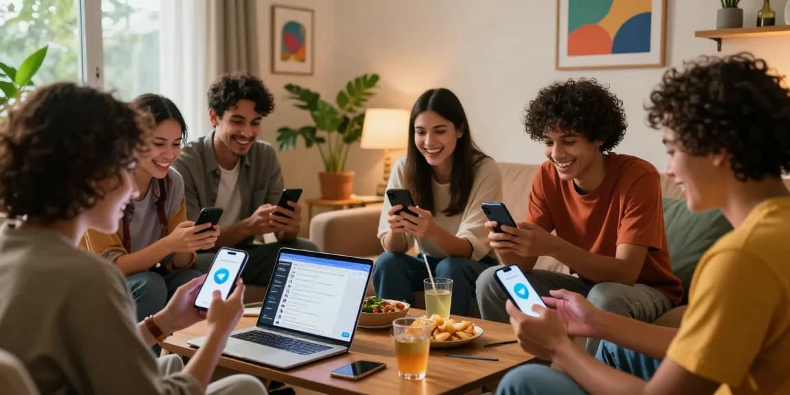 Friends engaging with the telegram china messaging app in a cozy living room.