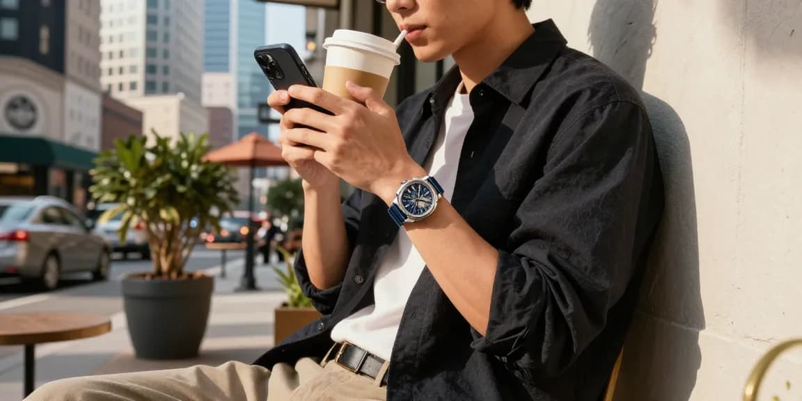Fashionable individual showcasing a stylish replica watch in an urban setting.