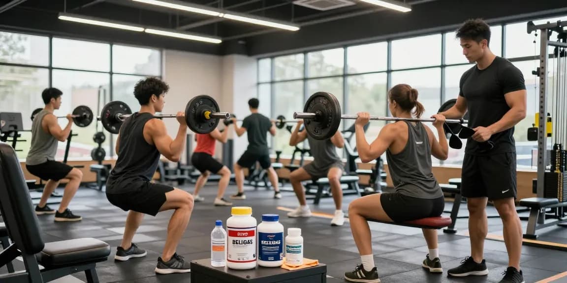 Fitness enthusiasts using Beligas Shop products during weight training in a vibrant gym