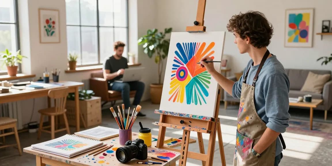 Poster printing process in a colorful art studio with an artist painting a custom design.