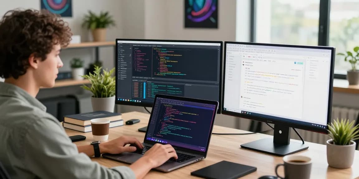 Developer coding at a modern workspace showcasing features of teiegramin.com with colorful interfaces and collaborative tools.
