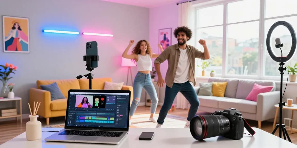 Content creator in vibrant home studio recording TikTok videos, illustrating how to buy instant views for TikTok videos effectively.