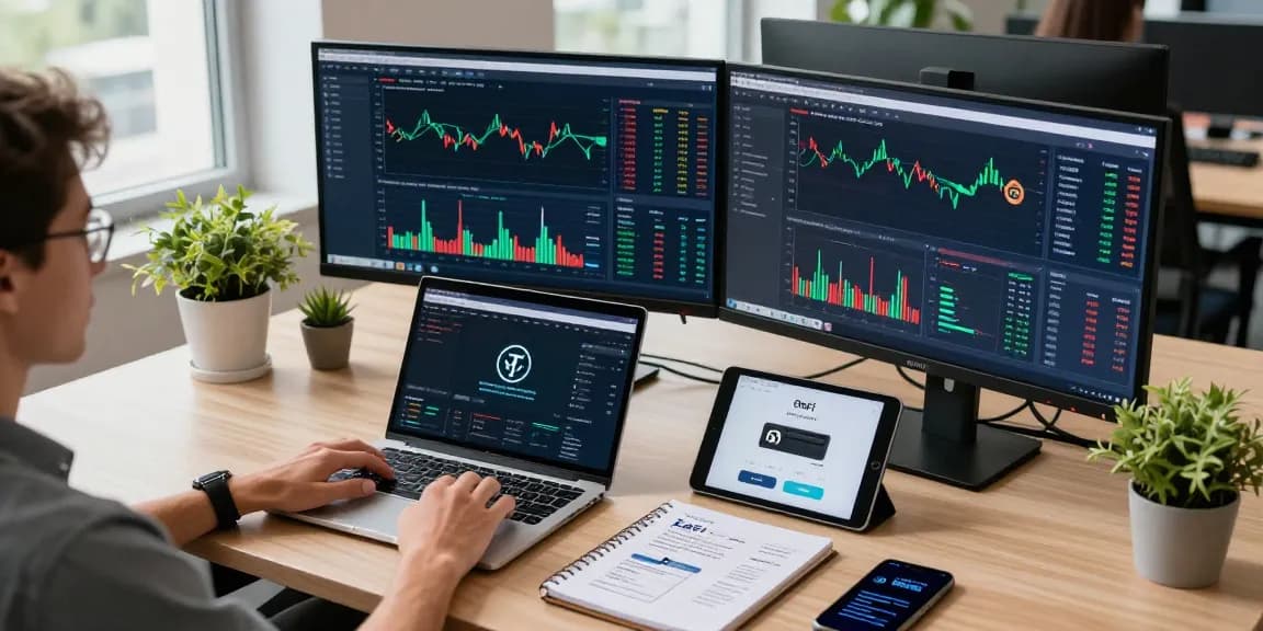 Cricbet99 user analyzing cryptocurrency trends in modern trading office.