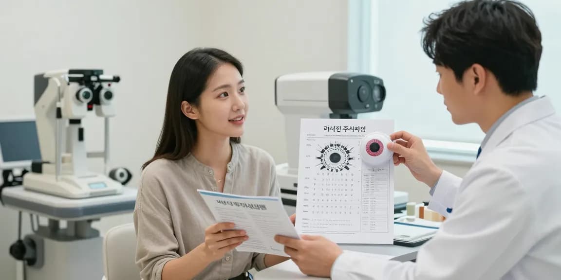 Patient discussing 라식 전 주의사항 with eye doctor in a modern clinic.