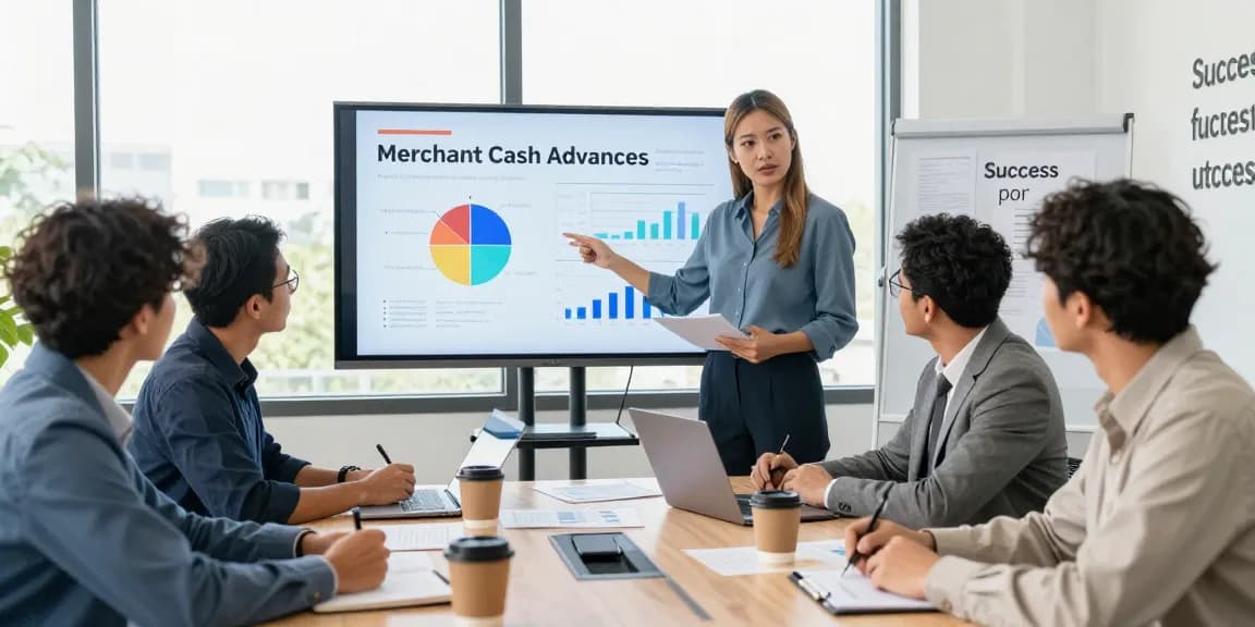 Professionals analyzing merchant cash advance pros and cons in a modern office.