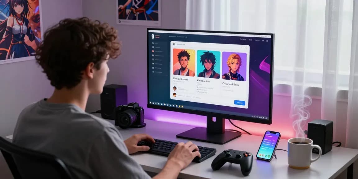 Engaging user interacting with nsfw ai chat on sleek desktop setup, vibrant character avatars displayed.