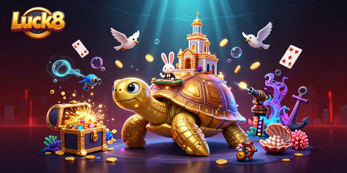 Experience the excitement of Luck8 with a dynamic casino illustration showcasing a unique golden tortoise and a rabbit dealer.