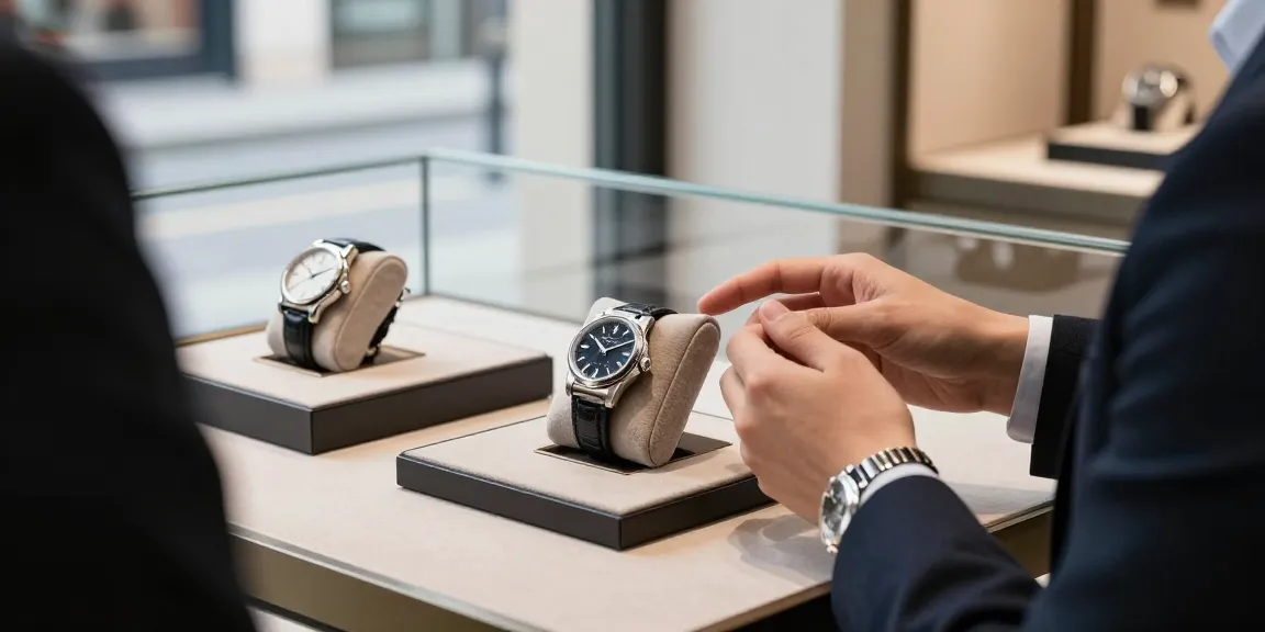 Stylish individual reviewing high-end clone watches in a luxury boutique.