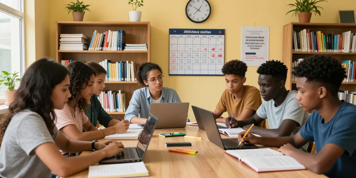 Group of students reviewing the 2026 neco timetable in a bright library