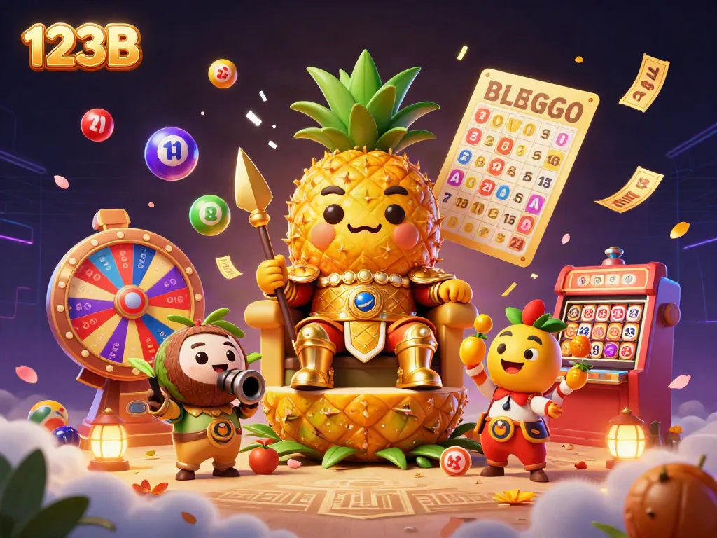 Experience thrilling games at 123B with exciting lottery balls and vibrant casino characters.