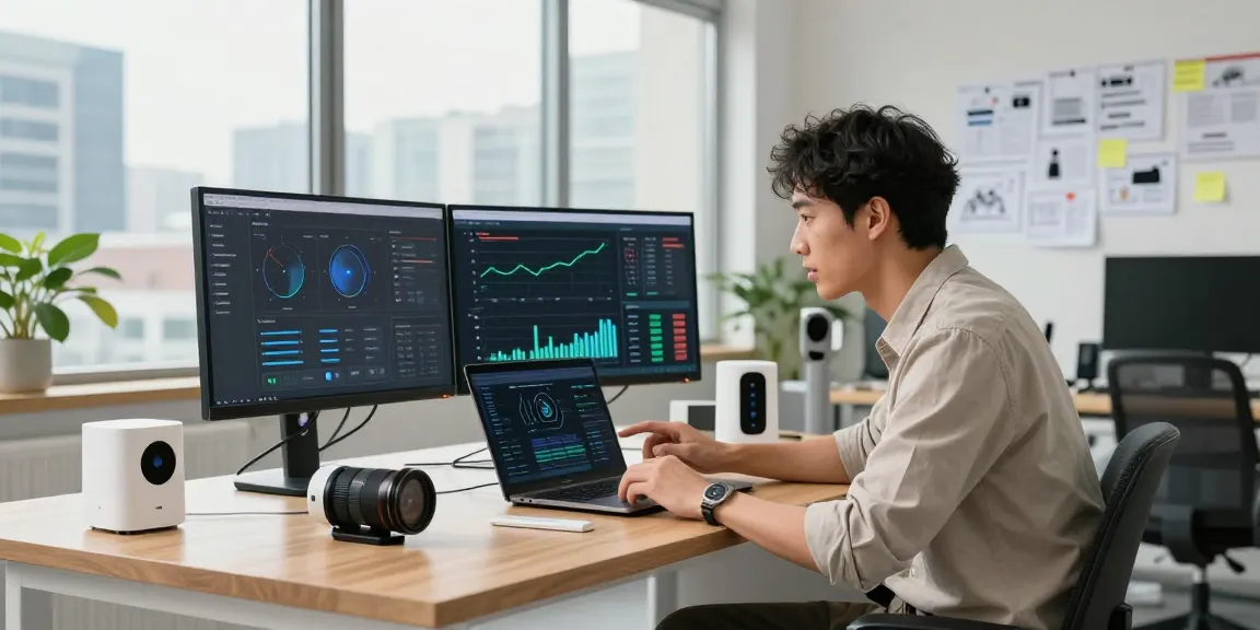 What is IoT workspace with an engineer discussing integration of sensors and smart devices.