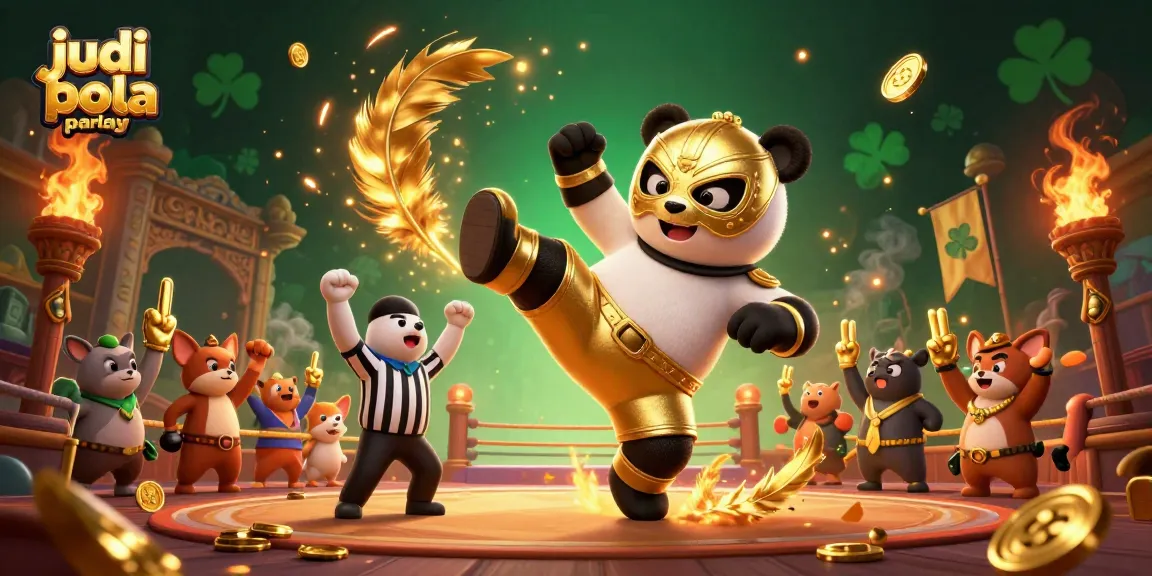 Experience judi bola parlay excitement with a lively arena scene featuring a panda wrestler and cheering animal fans