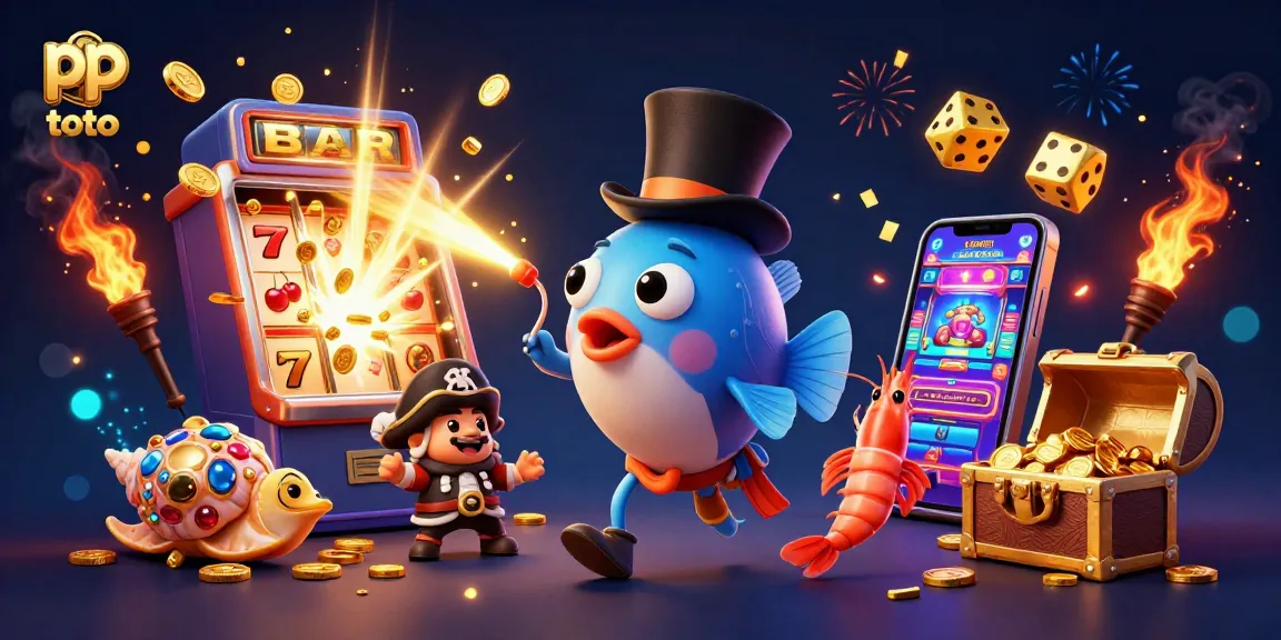 Menggoda emas dan harta dengan pp toto, ilustrasi kartun 3D dari ikan pemancing, udang, dan siput laut.