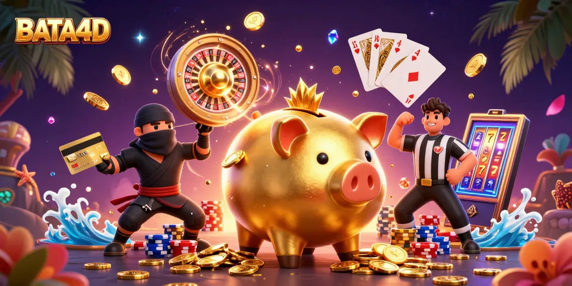 BATA4D showcases a dynamic 3D casino scene featuring a golden piggy bank sumo wrestler amidst cascading coins.
