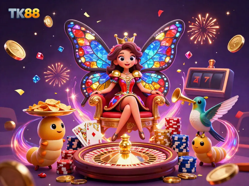 Experience the vibrant TK88 casino scene featuring a butterfly queen, golden roulette, and sparkling coins.
