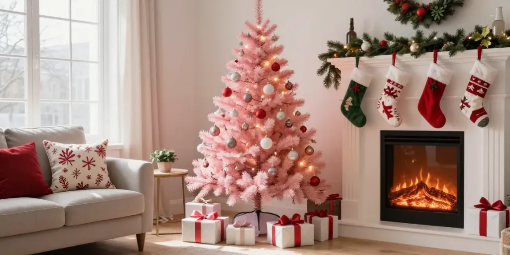 Decorated small pink Christmas tree beside a cozy armchair.