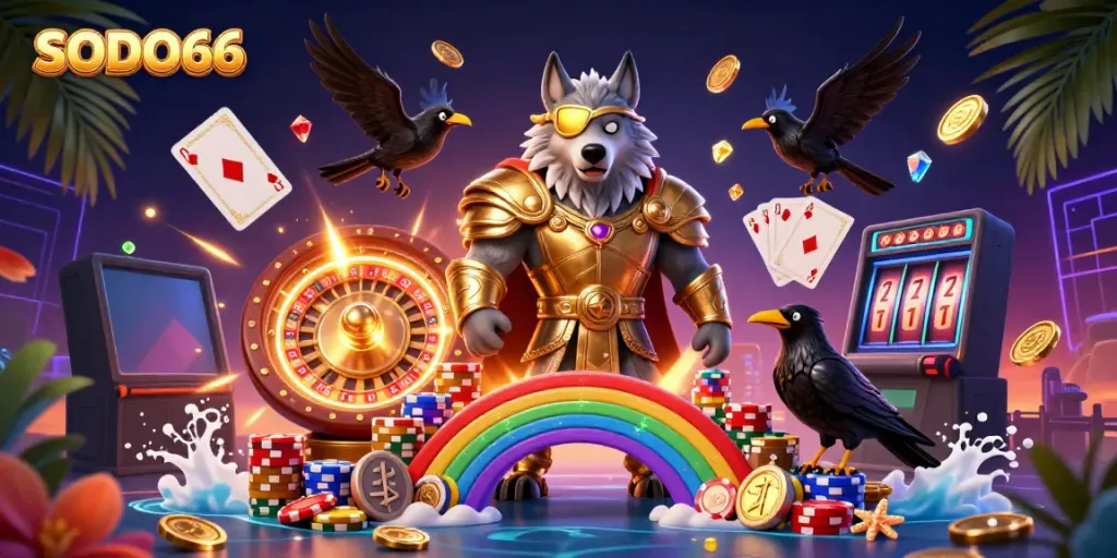 Experience the thrill of SODO66 with Odin and his ravens surrounded by casino elements and golden treasures.