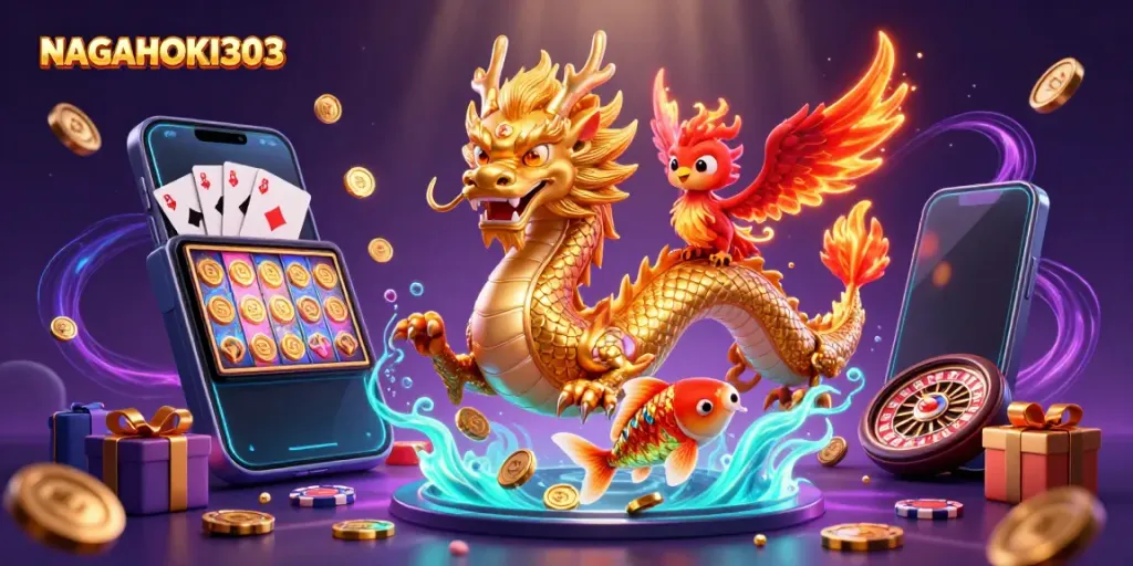 NAGAHOKI303 memikat pemain dengan simbol keberuntungan, ikan koi, dan naga emas dalam ilustrasi kasinonya.