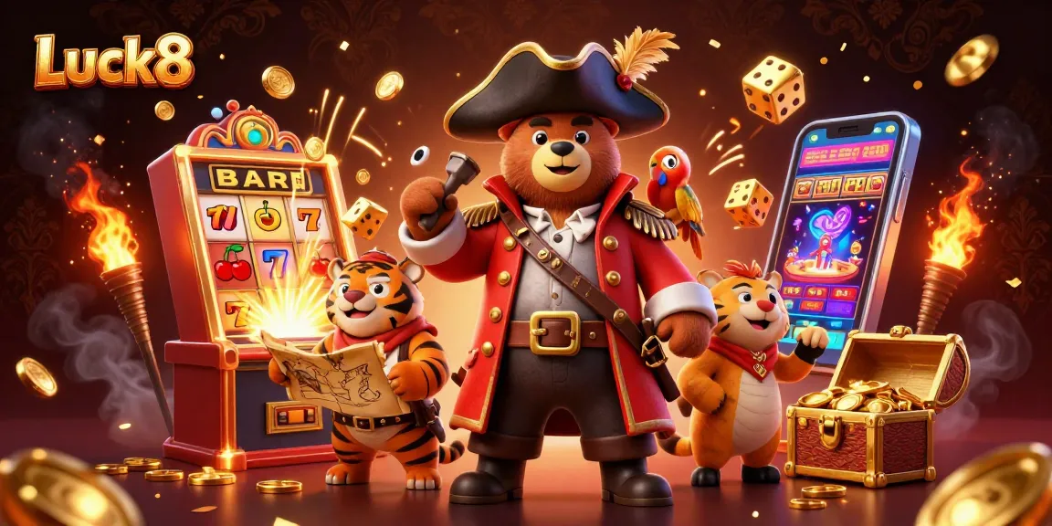 Engage in the Luck8 casino adventure with a lively pirate bear and his crew amidst thrilling gaming elements.