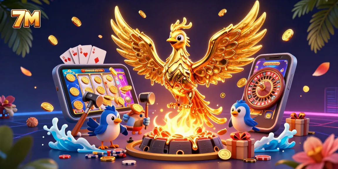 Bet on 7M with the thrilling phoenix rising, showcasing golden coins and vibrant casino elements.