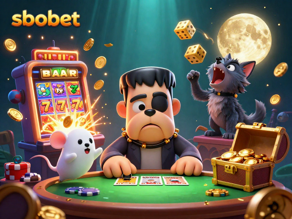 Engage with sbobet's thrilling betting experience at the lively casino table featuring unique characters.