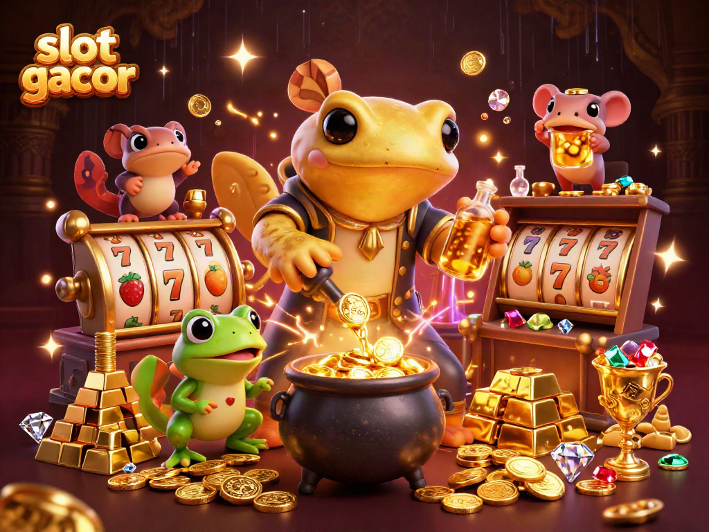 Experience the thrill of winning with slot gacor as enchanting characters transform coins in a vibrant casino scene.