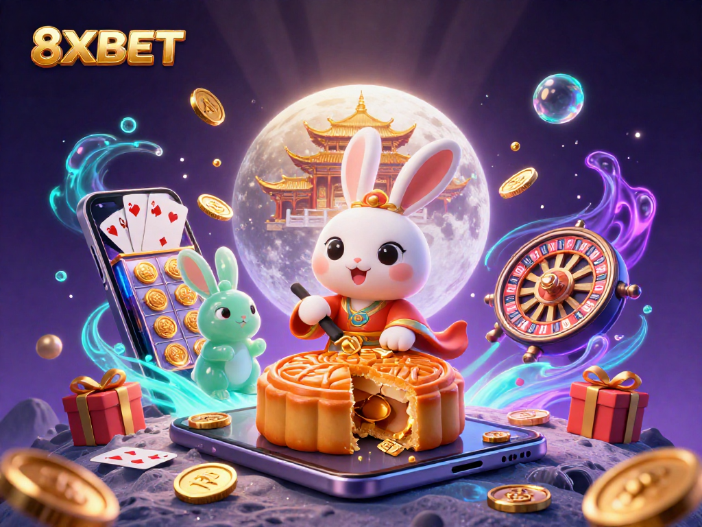 Experience the excitement of 8XBET with a dynamic scene of a folklore moon rabbit and casino elements.