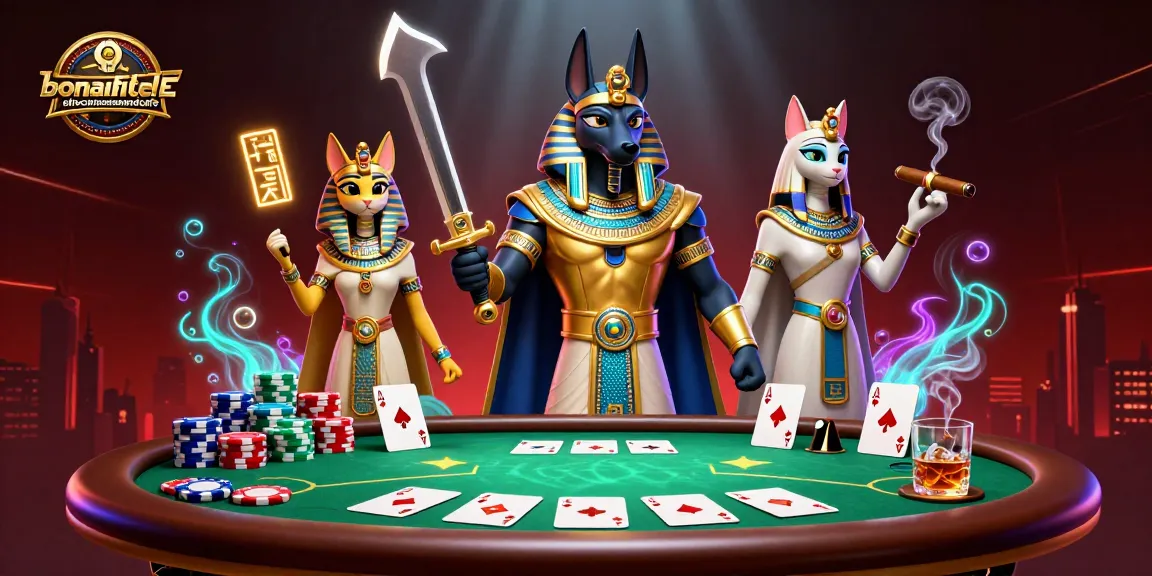 Bonafide Delicatessen and Cafe offers a vibrant poker experience with Anubis and Bastet amidst colorful chips.