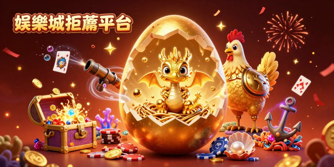展示娛樂城推薦平台的3D插圖，金色蛋裂開顯現金色小龍坐在撲克籌碼滋生的巢中，背景充滿遊戲元素。