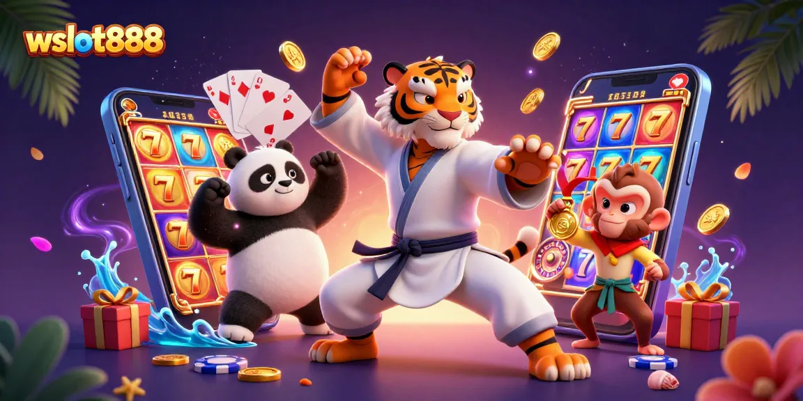 Wslot888 menyajikan ilustrasi kasino online dengan harimau kung fu, panda, dan monyet mencuri medali.