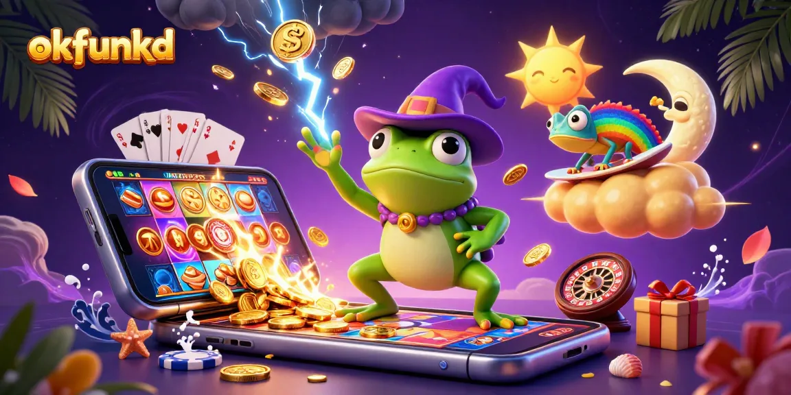 Experience exciting wins at okfunkd with vibrant casino elements swirling around a magical frog and chameleon.