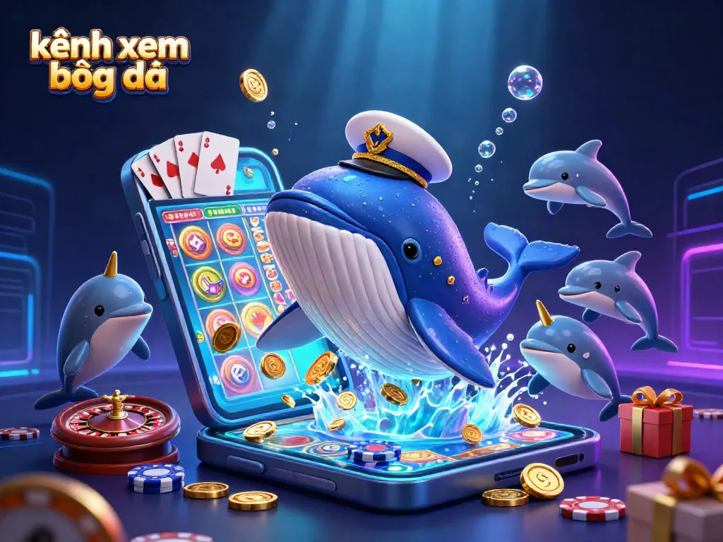 Experience kênh xem bóng đá with a vibrant 3D scene featuring a whale and playful dolphins amidst dynamic slot games and rich casino elements.