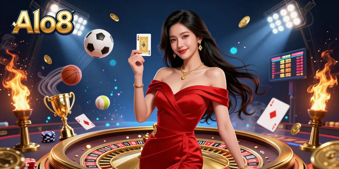 Alo8 offers an exciting gaming experience with vibrant casino elements, including a stunning woman, poker chips, and sports balls.