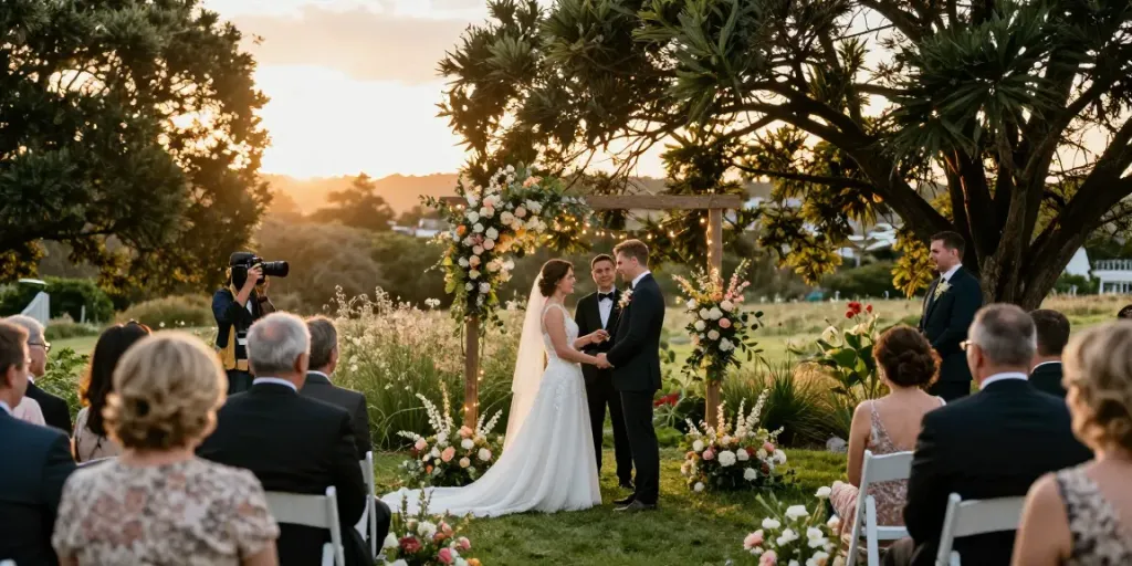 Documentary wedding photographer in Dunedin capturing a couple's intimate ceremony under golden sunset light.
