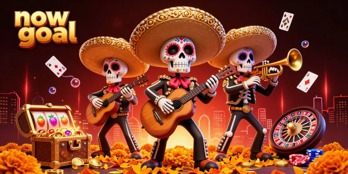 Experience thrilling gameplay with now goal in a vibrant casino scene featuring mariachi skeletons and colorful gaming elements.