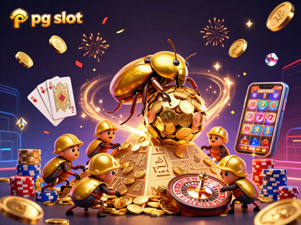 Experience the excitement of pg slot as the golden dung beetle triumphs in a dynamic casino scene.