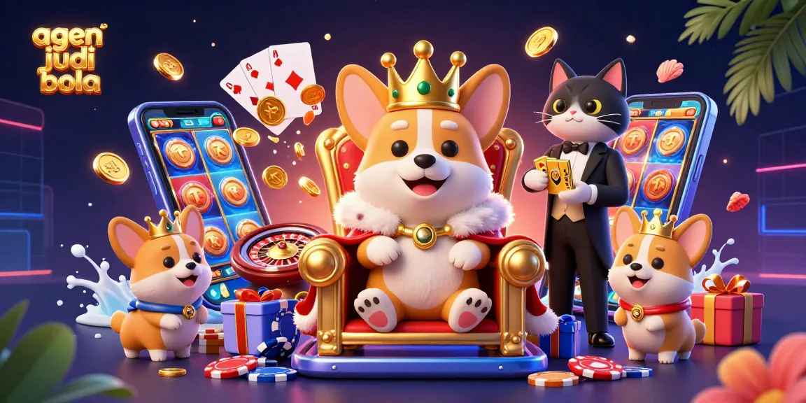 Experience thrilling agen judi bola action with a regal corgi on a poker chip throne amid colorful gaming elements.
