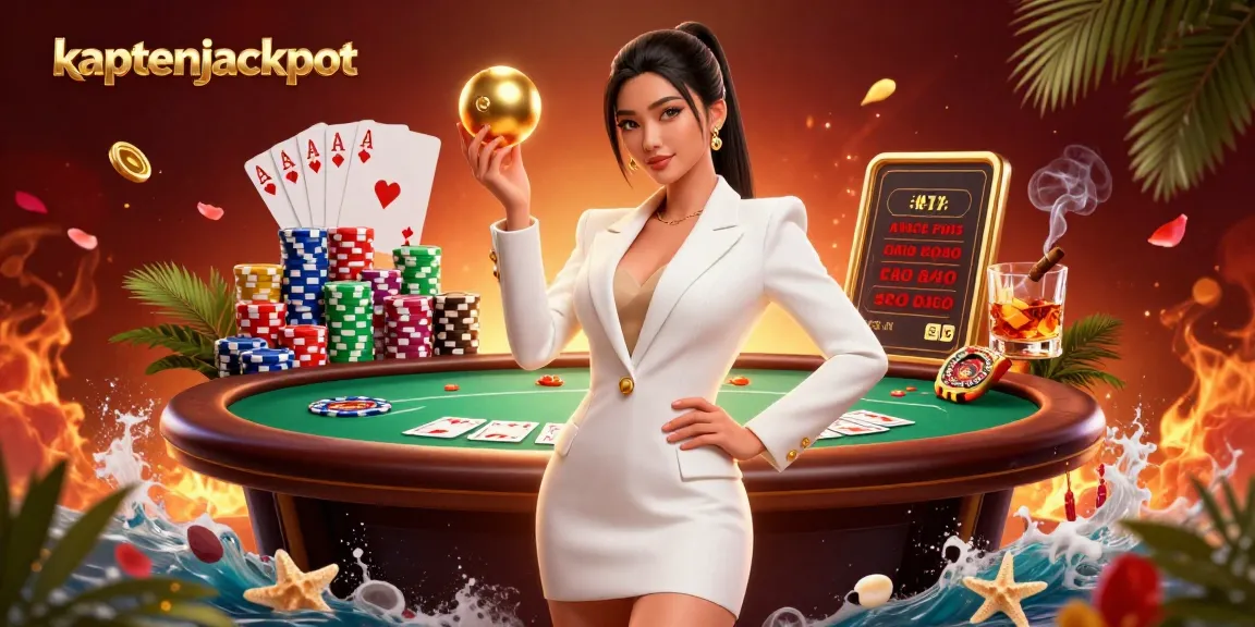 Engage with kaptenjackpot's vibrant casino scene featuring an elegant gamer amidst lively poker and roulette elements.