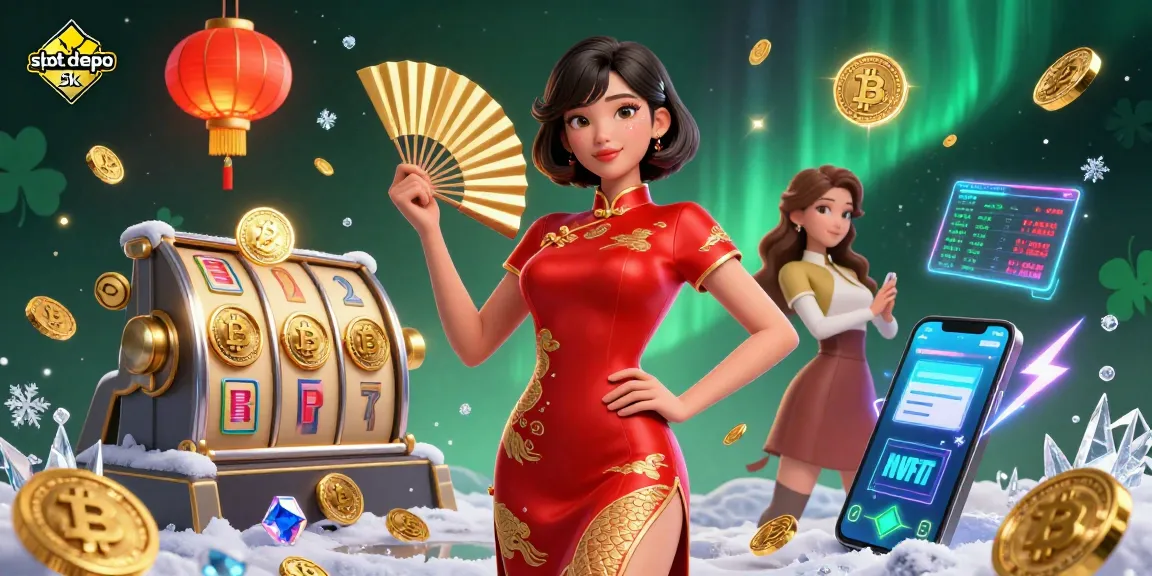 Experience the excitement of slot depo 5k with our vibrant and engaging 3D illustration depicting online slots.