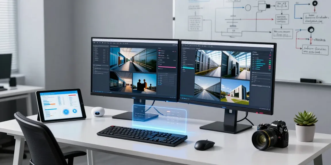 AI image detector in action at a modern tech workspace, showcasing data analysis and image scanning.