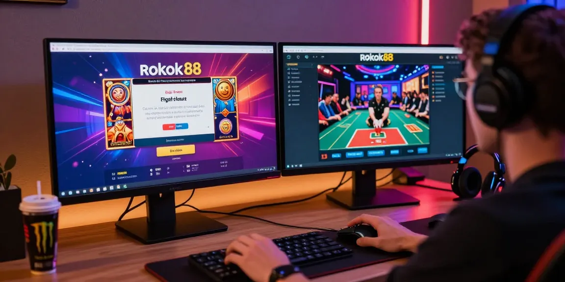 Engaging image of a user at a rokok88 login screen, immersed in online gaming atmosphere with vibrant visuals.