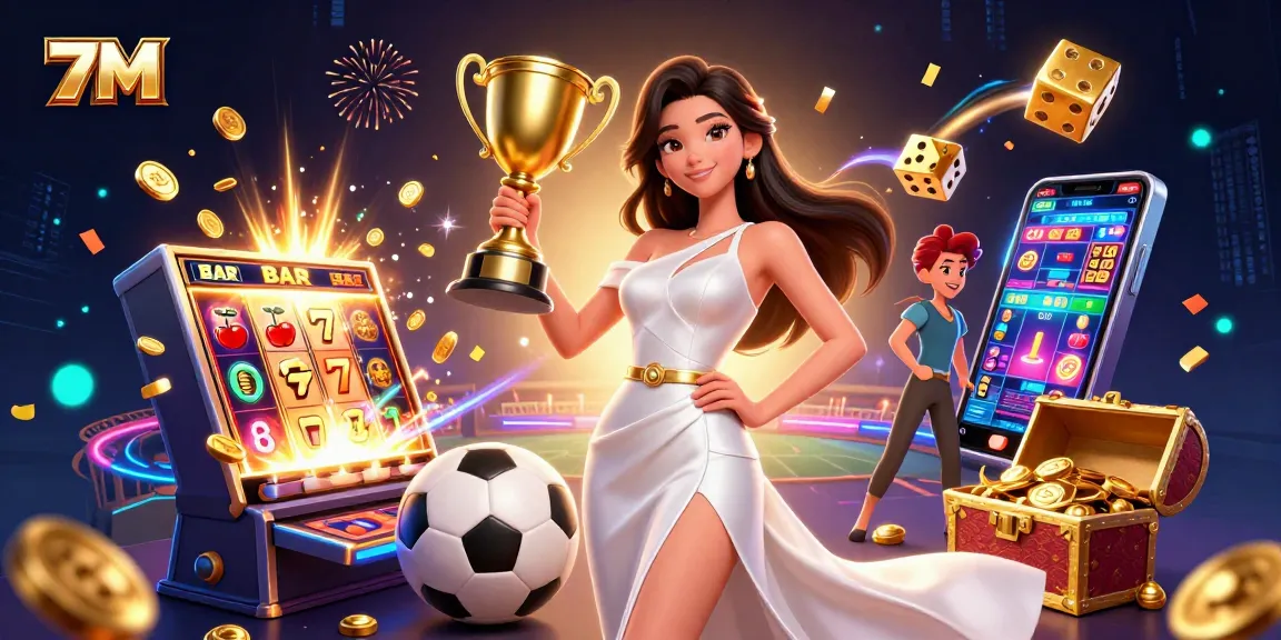 7M sports betting scene featuring a trophy and vibrant casino elements showcasing excitement.