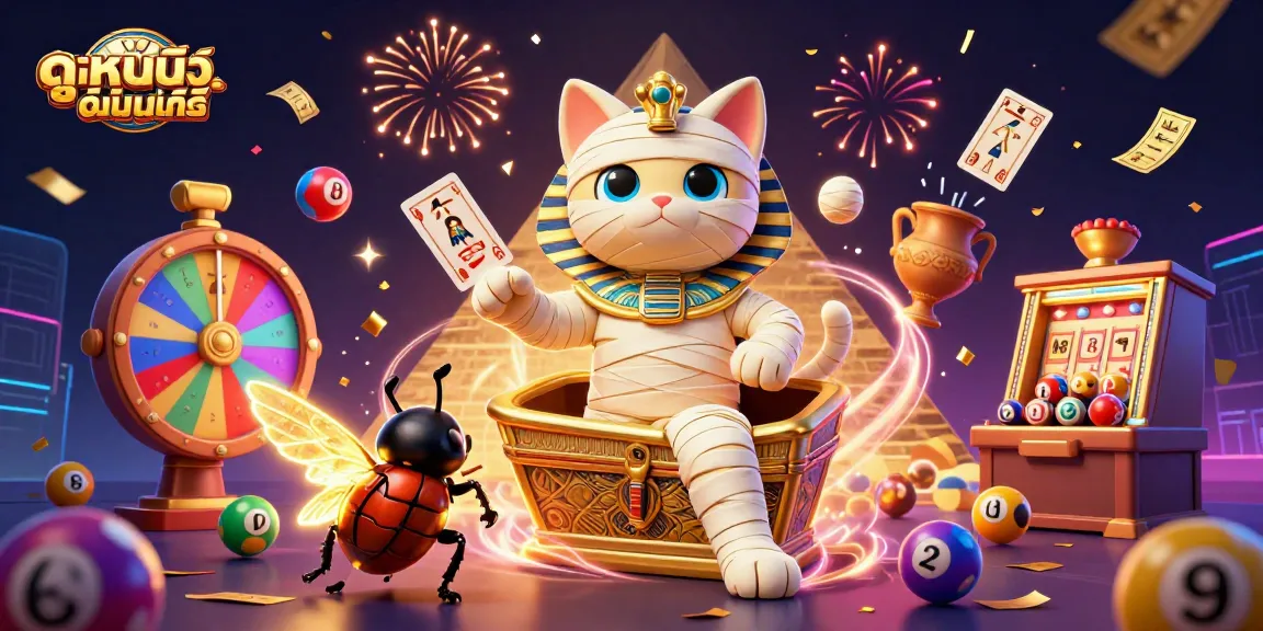 Engage in ดูหนังออนไลน์ with a vibrant, action-packed casino scene showcasing a mummy cat and glowing scarab.