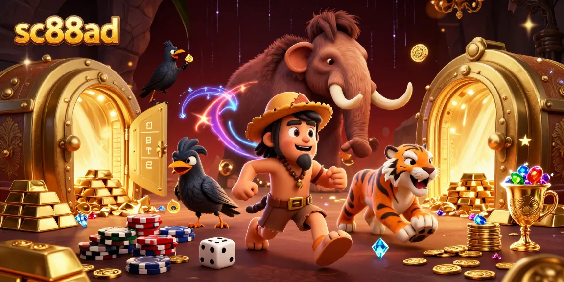 Experience the thrill of winning at sc88ad with a vivid prehistoric casino scene featuring a caveman duo and treasures.