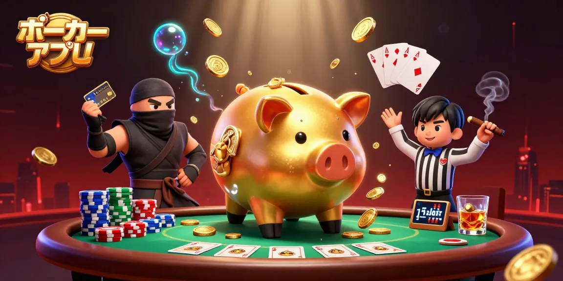 ポーカーアプリで勝とうとするキャラクターたちが集う賑やかなシーン。